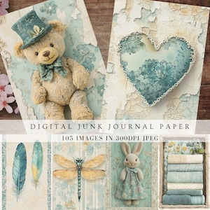 Blue shade summer junk journal pages, shabby chic french countryside memory scrapbook digital paper, cottagecore nature floral printable