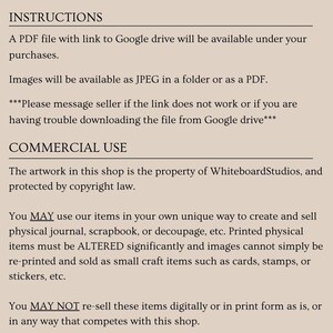May include: Text on a cream-colored background, detailing instructions for digital file access and commercial use terms. The text includes information about PDF and JPEG file formats, Google Drive links, and copyright restrictions.