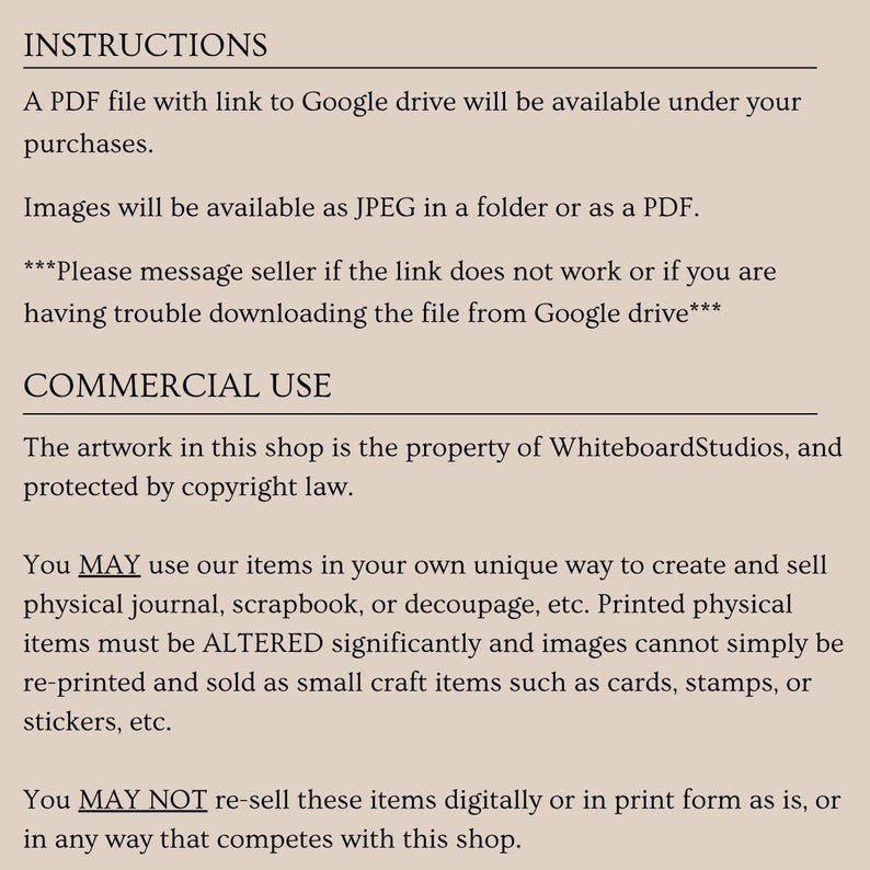 May include: Text on a cream-colored background, detailing instructions for digital file access and commercial use terms. The text includes information about PDF and JPEG file formats, Google Drive links, and copyright restrictions.
