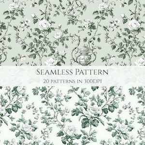 May include: Seamless pattern design featuring white roses and foliage on a light green background. The design includes a decorative vase and the text "SEAMLESS PATTERN" and "20 PATTERNS IN 300DPI".
