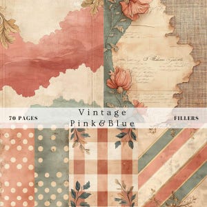 May include: A digital paper pack with 70 pages of vintage pink and blue patterns. The patterns include polka dots, gingham, stripes, and floral designs. The pack also includes filler pages with handwritten text and a burlap texture.