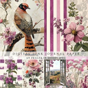 Vintage Junk-Journal Füller rosa botanisches Einklebebuchpapier schäbige schicke Blumen gemischte Collage, Blumen, Babypartyeinladungskarte