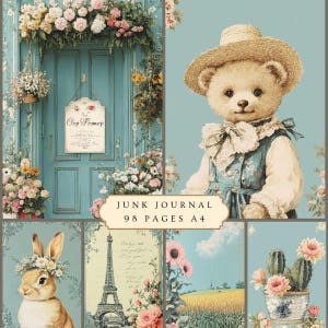 Pagine di diario vintage con ambientazione rurale, carta digitale per scrapbooking shabby toile de jouy, cartoline di invito stampabili con motivi floreali e naturalistici