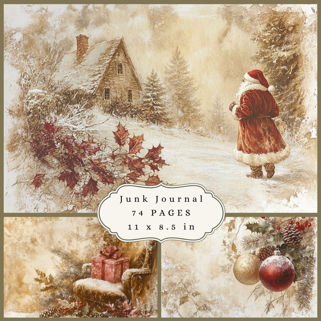 Red Christmas Holiday Digital Printable Junk Journal Pages, Rustic ...