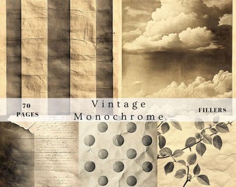 Vintage faded monochrome junk journal filler pages, shabby chic scrapbook digital pages, printable add-on black and white paper, distressed