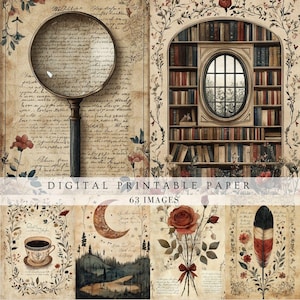 Arte de pared para diario basura, álbum de recortes para amantes de los libros, escritor, autor, vintage, té, café, academia oscura, páginas de relleno, papel imprimible digital