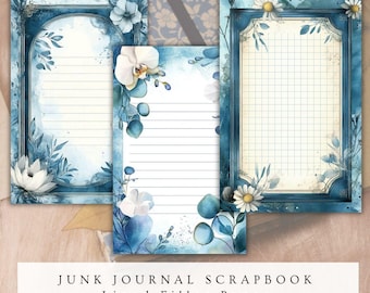 Junk journal floral lined filler page graph blue writing paper shabby antique floral background digital scrapbook invitation greeting card