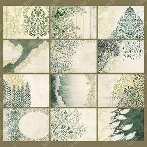 May include: A collection of 12 digital art prints featuring botanical and floral designs in shades of green and cream. The prints showcase various patterns, including damask, branches, and foliage, with a vintage aesthetic.