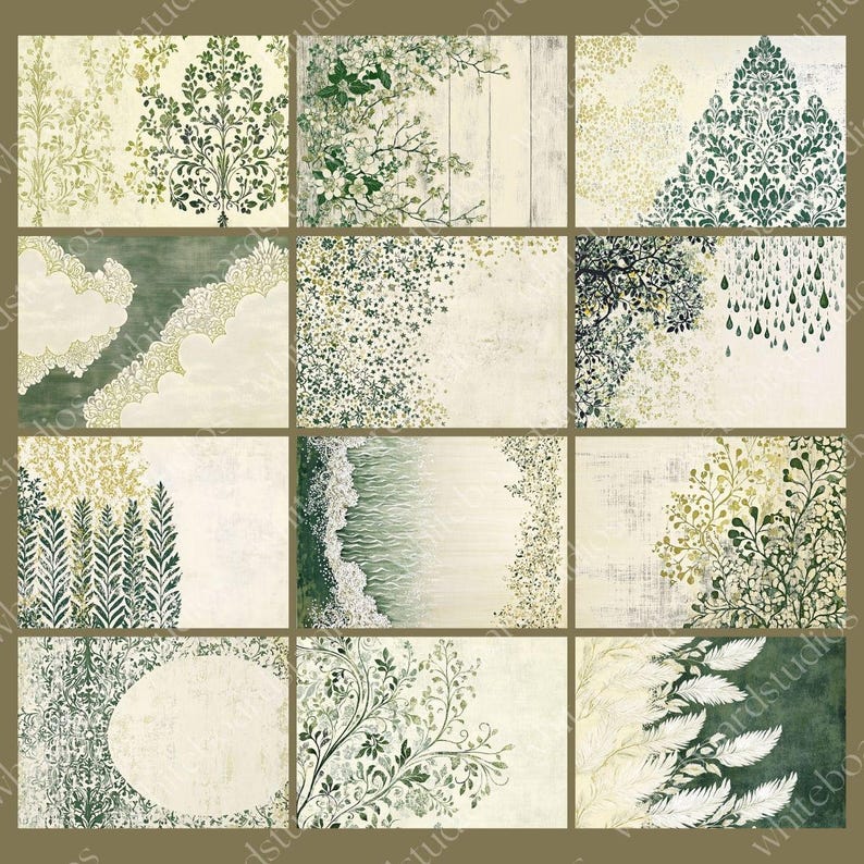 May include: A collection of 12 digital art prints featuring botanical and floral designs in shades of green and cream. The prints showcase various patterns, including damask, branches, and foliage, with a vintage aesthetic.