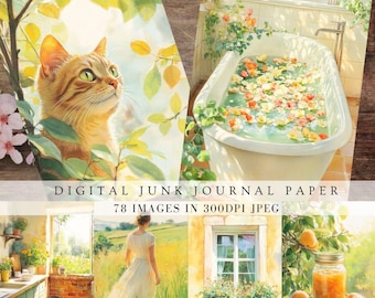 Vintage summer yellow cottage farm life junk journal, shabby french countryside memory scrapbook paper, nature floral printable porch prints