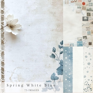 Cartes postales en papier de scrapbooking journal de remplissage bleu blanc de printemps, rayures, dames, éphémères, pois, botanique, floral imprimable numérique