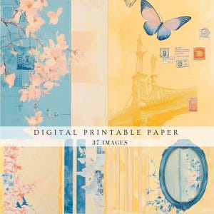 Pastel blue and yellow junk journal paper, vintage shabby chic, cottage, antique distressed filler pages scrapbook, digital printable porch