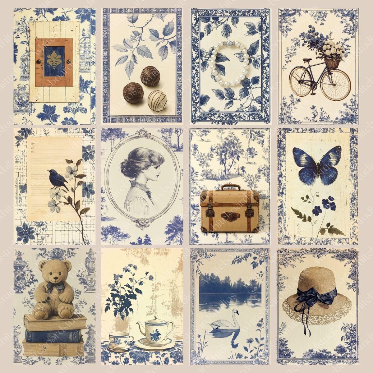 Vintage Toile De Jouy Blue Scrapbook Junk Journal Pages Add on Kit ...