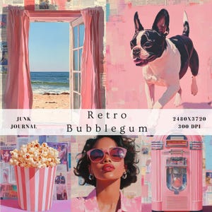 May include: A digital collage featuring a retro theme with pink and white colors. The collage includes a window with a view of the ocean, a woman wearing sunglasses, a jukebox, popcorn in a striped bucket, and a black and white Boston Terrier dog.