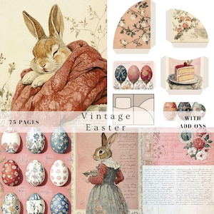 Vintage Osterhasen-Kaninchen Junk Journal Scrapbook Seiten und Add-On Kit, Blätter, Karten, rosa viktorianisches, printable Ephemera, Wohnheim Wanddekoration