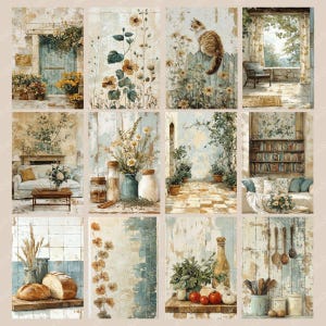 May include: A collection of eight watercolor prints featuring rustic, vintage-style scenes. The prints depict various settings, including floral arrangements, a cat on a fence, and interior and exterior architectural elements. The color palette is soft, with muted tones.