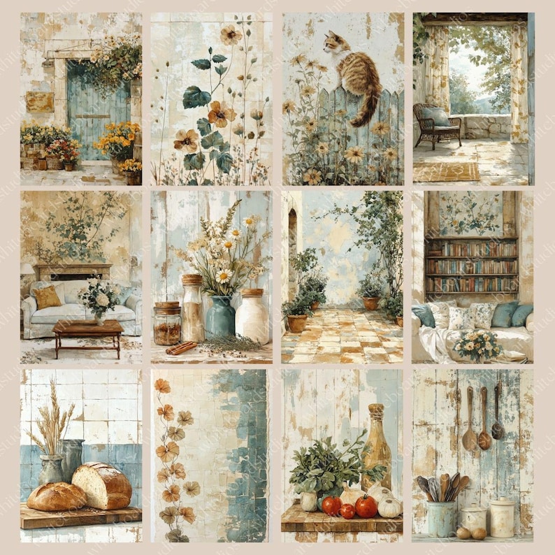 May include: A collection of eight watercolor prints featuring rustic, vintage-style scenes. The prints depict various settings, including floral arrangements, a cat on a fence, and interior and exterior architectural elements. The color palette is soft, with muted tones.