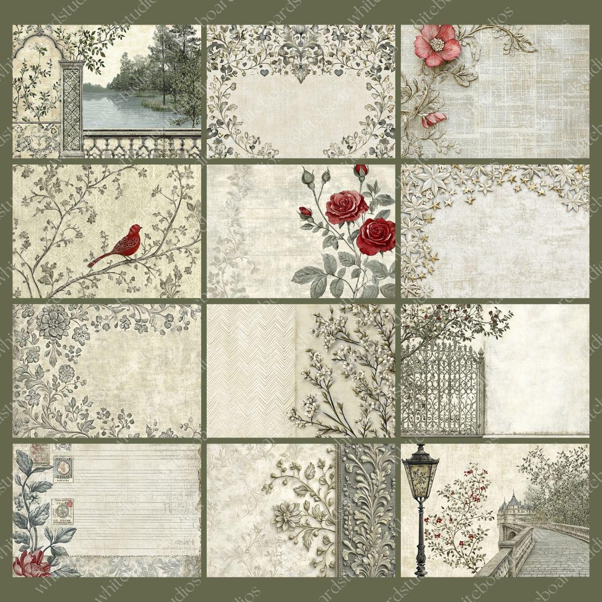 junkjournal【antique Red】 Ornate Red Floral Junk Journal Paper, Vintage Shabby Chic