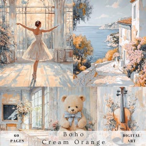 Boho arancione arte murale scrapbooking giornale spazzatura, primavera estate atmosfera shabby chic stampabile, spiaggia, acchiappasogni, spiaggia, effimera carta digitale