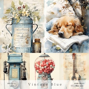 Arte murale per scrapbooking, diario di vita contadina, campagna vintage blu, natura, animali, fiori, botanica, effimeri, carta digitale stampabile