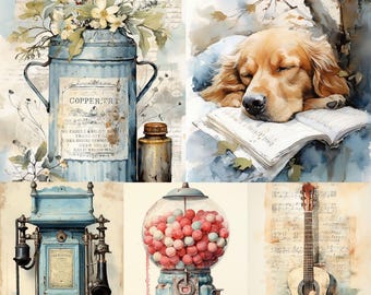Landleben Junk Journal Scrapbooking Wand Kunst, blau vintage Landschaft, Natur, Tiere, floral, botanisches, ephemera druckbares digitales Papier
