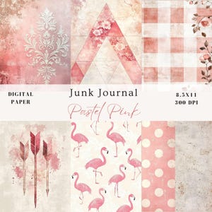 May include: Digital paper pack with a pastel pink colour scheme. The pack includes six different designs: a damask pattern, a geometric pattern, a gingham pattern, a polka dot pattern, a flamingo pattern, and a distressed background. The pack is 8.5 x 11 inches and 300 DPI.