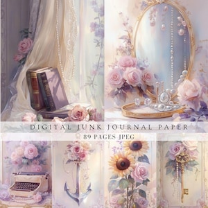 Diário de lixo vintage floral pérola scrapbook preenchimento página botânico surrado conto de fadas rosa casamento aniversário chá convite cartão efêmera