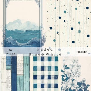 Vintage verblasste blau weiße Junk Journal Füllseiten, shabby chic Scrapbook digitale Seiten, druckbare add-on herunterladbare Papier, Distressed