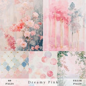 Dreamy pink vintage filler junk journal scrapbook paper, shabby chic floral, mixed collage, ephemera, graph, botanical, digital printable