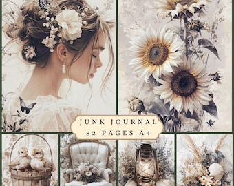 May include: A collage of vintage-style images, including a portrait of a woman with floral hair, sunflowers, a basket with chicks, a white chair, a lantern, and a basket of seashells. The text "JUNK JOURNAL 82 PAGES A4" is displayed.