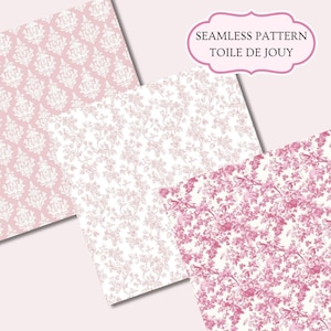 Peut inclure: Trois feuilles de papier à motifs sans couture roses et blancs. Les motifs comprennent un motif damassé, des branches florales et un style toile de jouy avec des oiseaux. Le texte "SEAMLESS PATTERN TOILE DE JOUY" est dans un cadre rose.