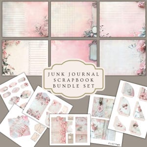 Conjunto de diário de lixo vintage rosa scrapbook itens efêmeros surrados kit digital para impressão adicional para convite de festa de aniversário de casamento cartão postal