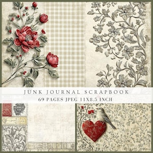 Sierlijk rood junkjournaalpapier, vintage shabby chic, cottage, antiek noodlijdende opvulpagina's plakboek, digitale afdrukbare uitnodigingskaart