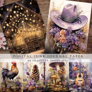 Vintage purple scrapbook junk journal filler pages, retro farm life, country, floral, nature, animal, ephemera digital paper, porch prints