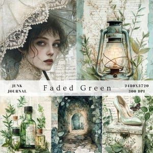 Diario vintage verde sbiadito e beige, retrò shabby chic floreale botanico vittoriano erba inglese antica, carta digitale per scrapbooking effimera