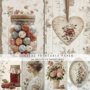 Pages d'art mural de scrapbooking de journal de bonbons de maison, papier imprimable de cartes postales de shabby chic vintage, nostalgique, floral, botanique, éphémère