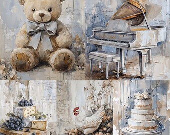 Vintage beige blue scrapbook junk journal wall art, retro shabby chic french cottage, nature, landscape, animal, ephemera digital paper