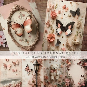 Vintage pink butterflies and roses junk journal paper, cottage shabby chic, antique filler pages scrapbook, digital printable porch prints