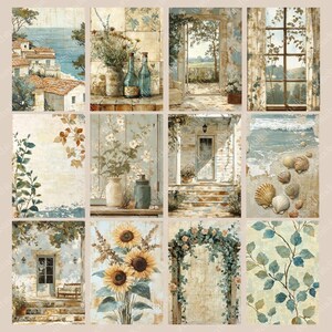 May include: A collection of twelve vintage-style art prints. The prints feature various scenes, including coastal landscapes, floral arrangements, and architectural details. The color palette includes soft blues, greens, and warm earth tones, creating a rustic and serene aesthetic.