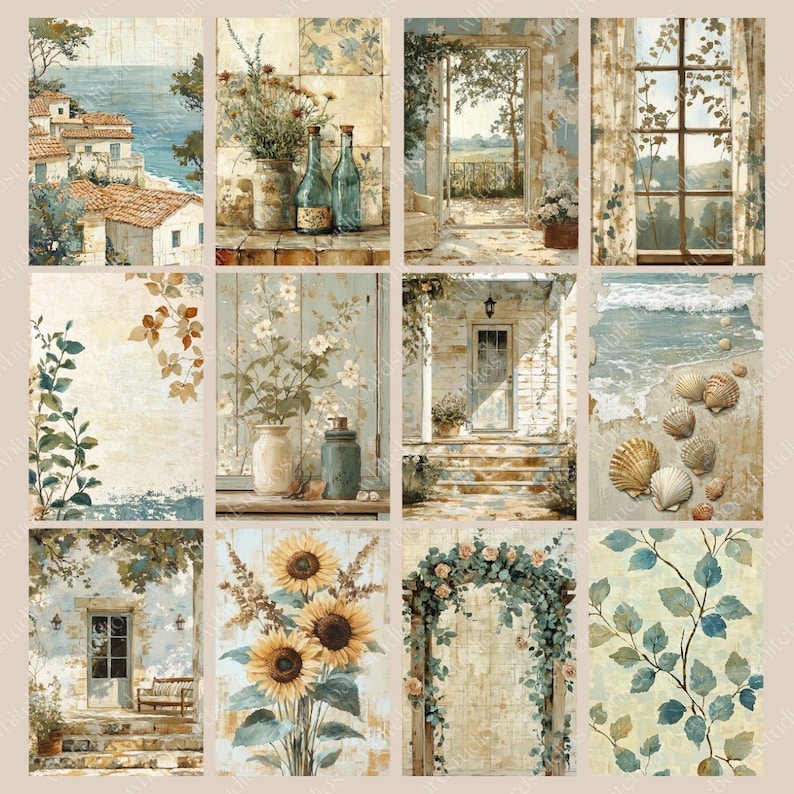 May include: A collection of twelve vintage-style art prints. The prints feature various scenes, including coastal landscapes, floral arrangements, and architectural details. The color palette includes soft blues, greens, and warm earth tones, creating a rustic and serene aesthetic.