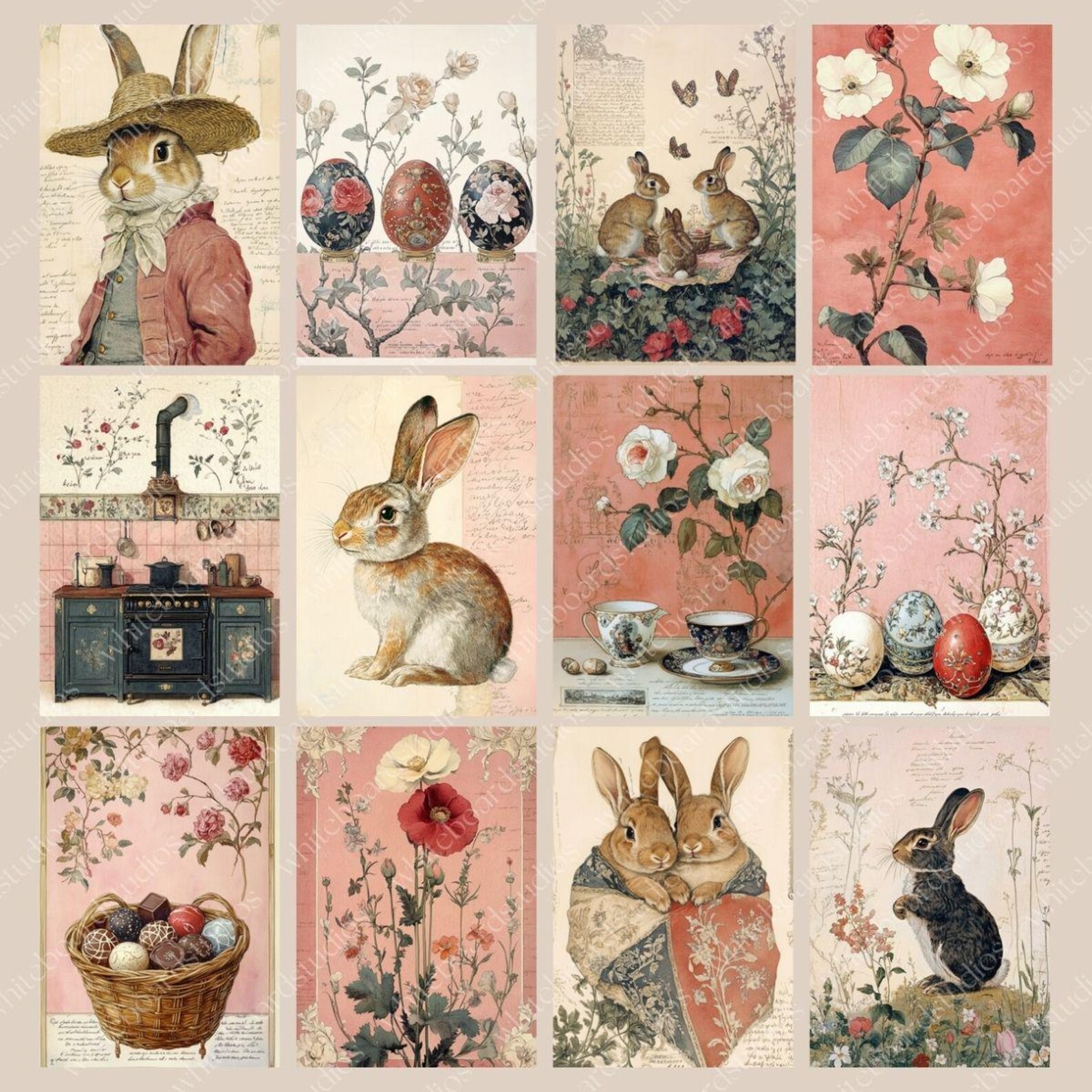 Easter Vintage Bunny Rabbit Junk Journal Scrapbook Pages and Add-on Kit ...