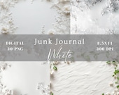 White junk journal digital paper, shabby chic flower lace pearl backdrop, wedding bridal baby shower background digital