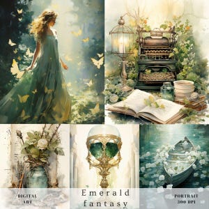 Fantasy foresta verde junk journal scrapbook wall art, elfi, fate, mitico, magico, incantato, bosco, effimero carta digitale stampabile