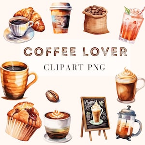 Koffieliefhebber aquarel clipart, coffeeshop café clipart stickers voor plakboek, ambacht, zuivel, dagboek, uitnodigingskaart, transparante png