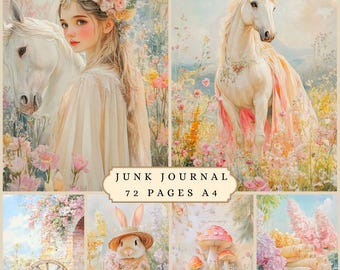Fantasy vintage scrapbook junk journal page, retro cottage countryside floral ephemera digital filler paper, decoupage invitation post cards