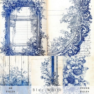 May include: A digital paper pack with 60 pages featuring blue and white floral designs. The designs include ornate frames, floral patterns, and a woodgrain background. The text "Blue White" and "Filler Pages" is included in the image.