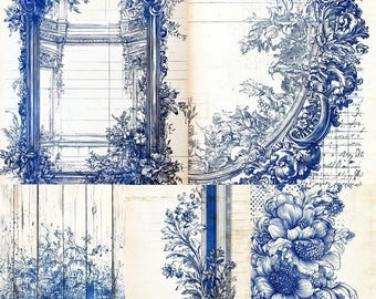 May include: A digital paper pack with 60 pages featuring blue and white floral designs. The designs include ornate frames, floral patterns, and a woodgrain background. The text "Blue White" and "Filler Pages" is included in the image.