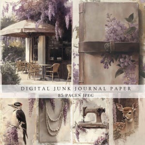 Junk Journal Vintage Cottage Scrapbook Glyzinien lila Retro Shabby Füllseite digital Hochzeit Geburtstag Dusche Einladungskarte Veranda Drucke