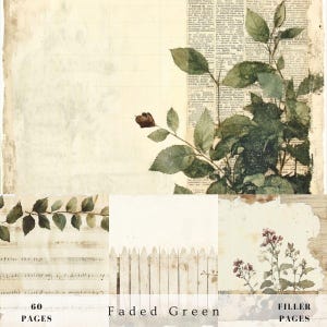Verblasstes Grün Junk Journal Füllseiten, abstrakt, Garten, Dame, botanischer floraler Hintergrund, bedruckbares Papier Scrapbook, Veranda Printsv