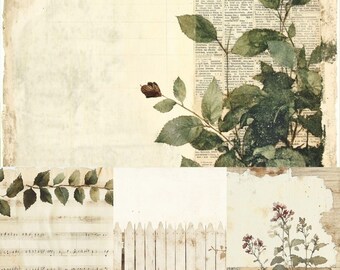 Faded green junk journal filler pages, abstract, garden, checkers, botanical floral background, printable paper scrapbook, porch printsv